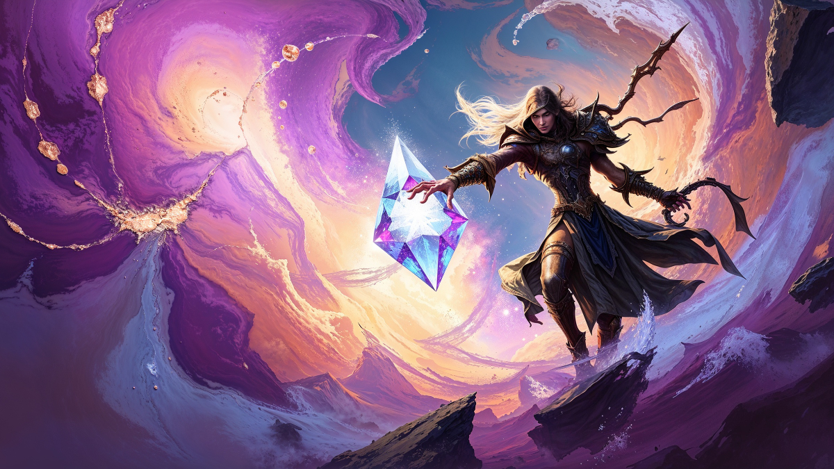 The Weaver holding the Prism of Creation in a luminous cosmic world