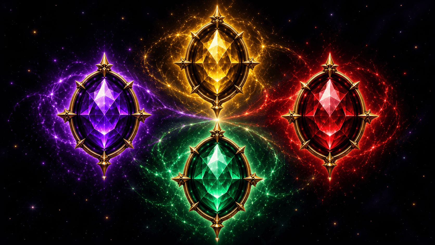 Four radiant legendary gems representing courage, wisdom, unity, and hope