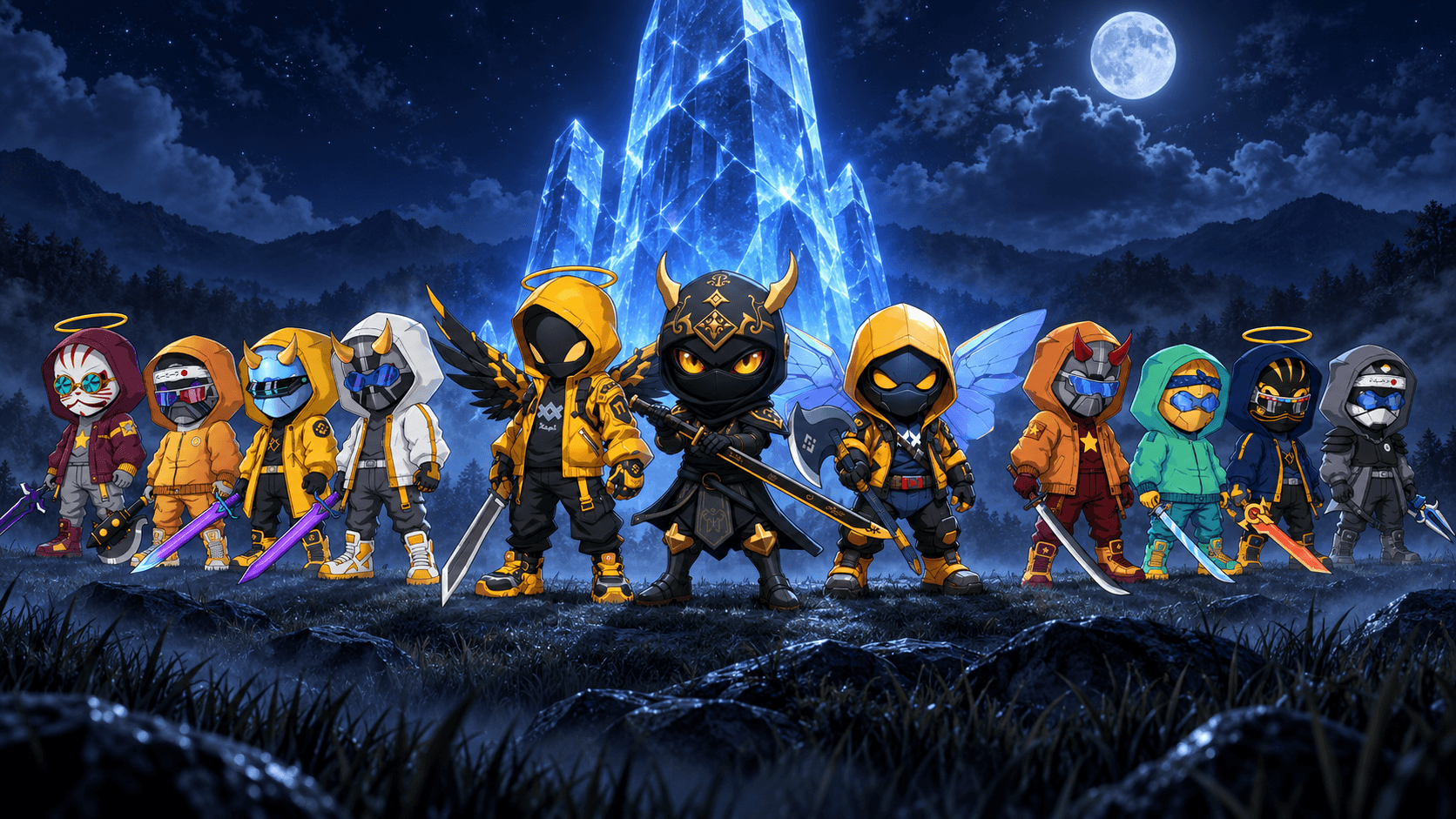 MiniBeanys and Beanys standing together as guardians beneath a glowing crystal